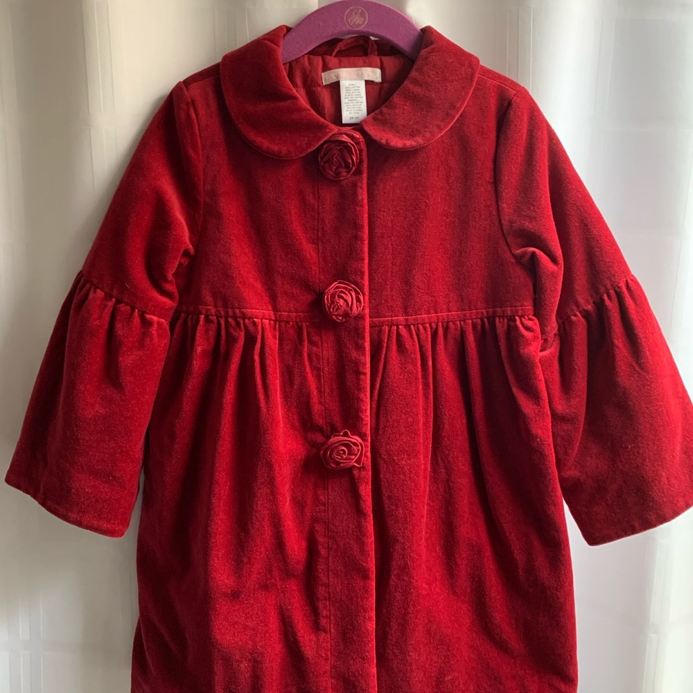 Janie and Jack Girls Holiday Velvet And Silk Coat And Beret Silk Rosettes. 2T 3T